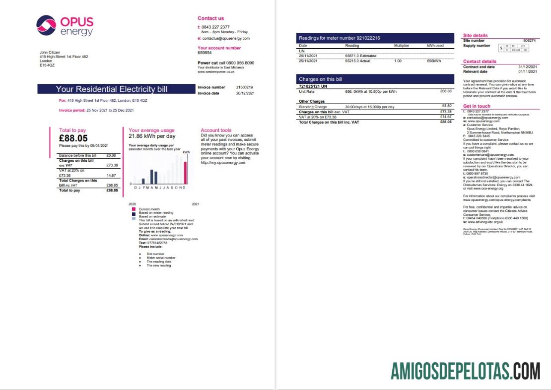 imprimível Modelo de conta de serviços públicos de eletricidade Opus Energy do Reino Unido em formato Word e PDF (2 páginas)
